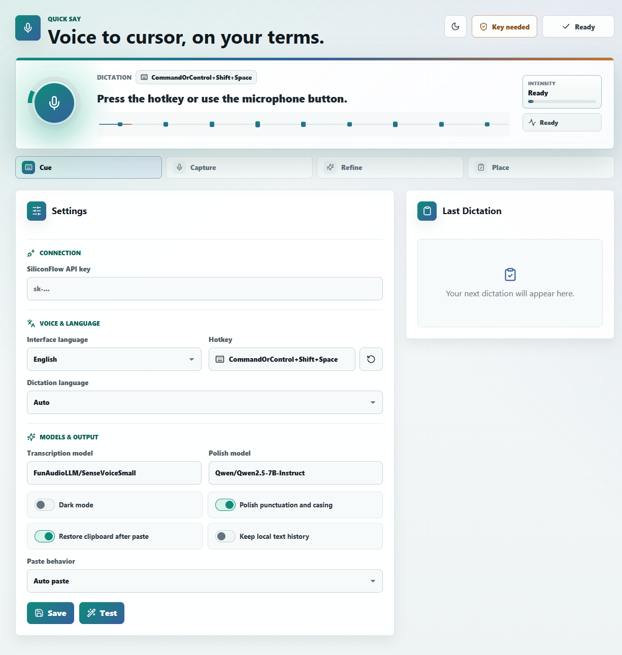Quick Say desktop app window showing dictation controls and settings